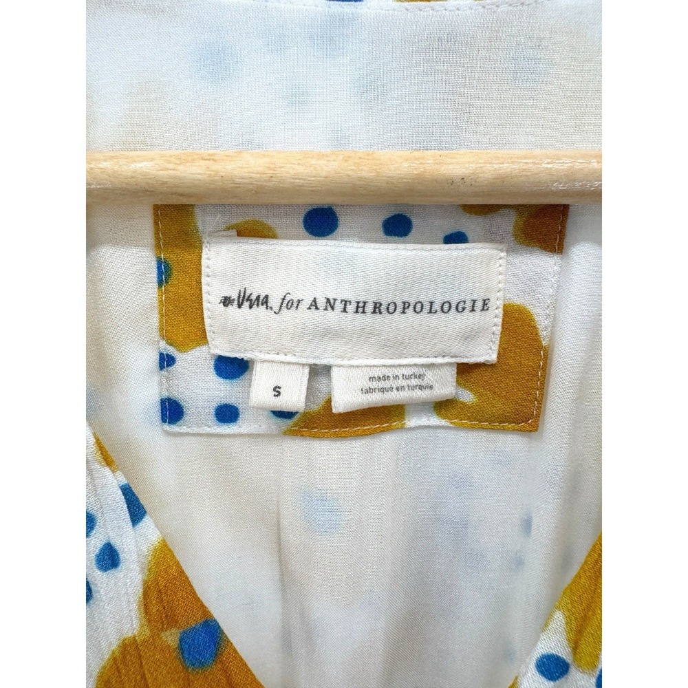 Anthropologie Vera Buttercup Dress Small White Yellow Flower Print Ruched Waist - Picture 6 of 10
